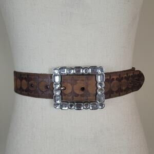 Old Navy Belt Small Brown Leather Tooled Rhinestone Buckle Bling Boho Western